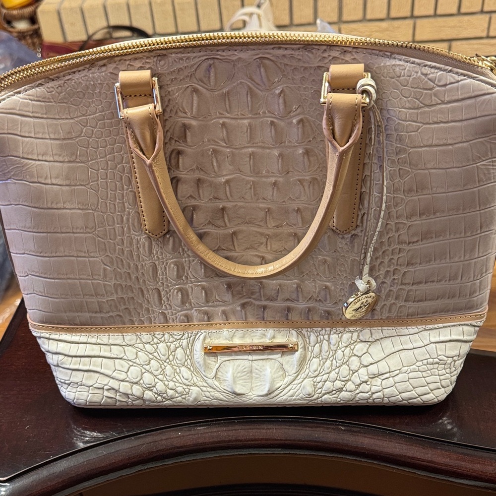 Brahmin Crocodile Embossed Satchel in Tan and Cream